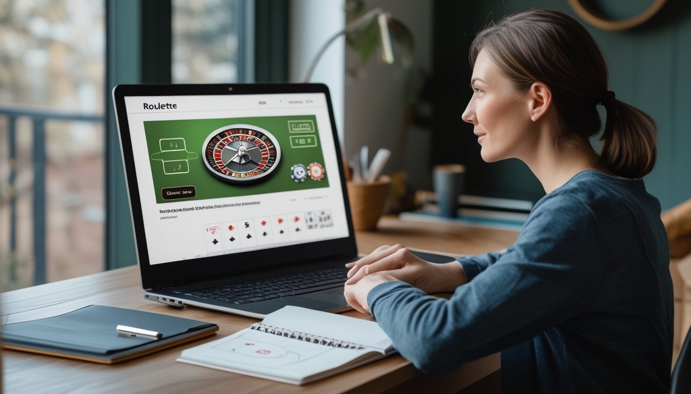 Seorang pemula mempelajari permainan roulette di laptop sambil mencatat di buku.