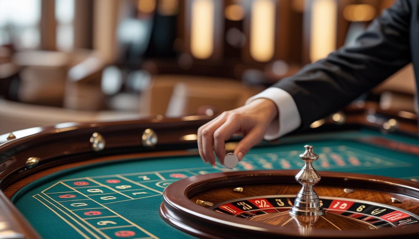 Seseorang meletakkan keping taruhan di meja roulette saat bola berputar di roda.