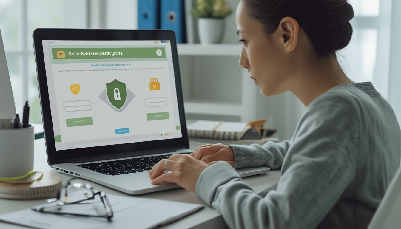 Seseorang memeriksa tampilan roulette online di laptop dengan ikon keamanan dan catatan di meja.