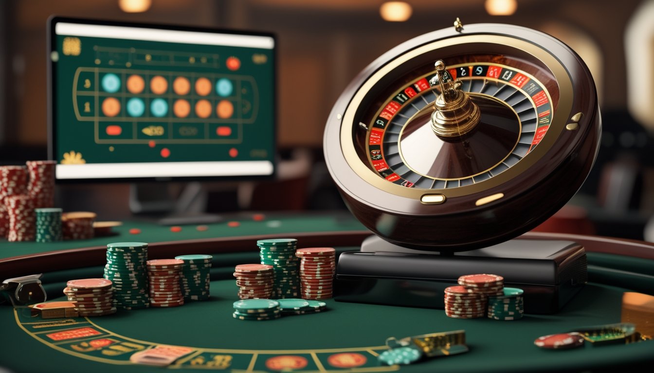 Roda roulette, bola kecil, dan keping taruhan di atas meja permainan hijau.