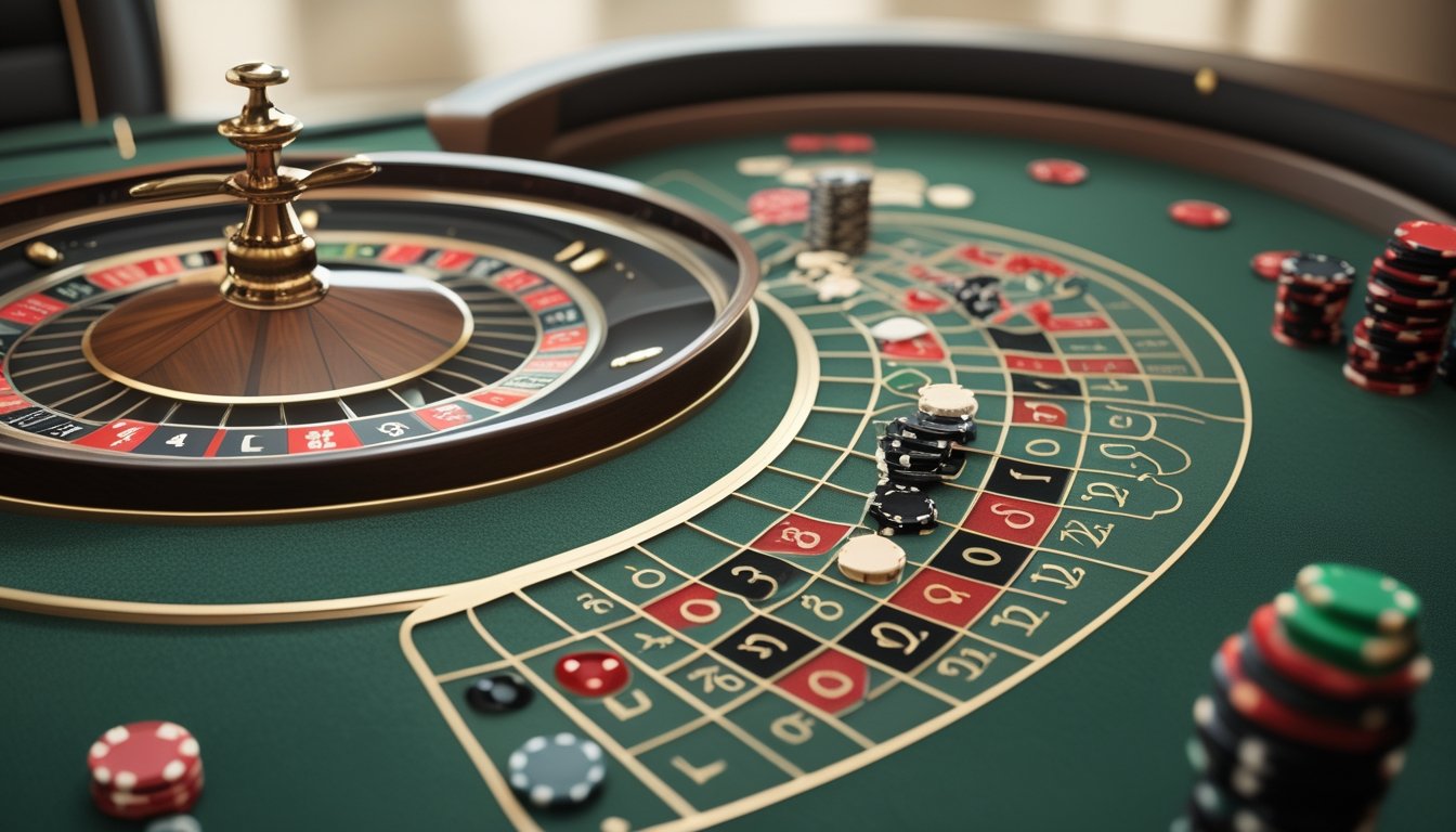 Roda roulette dengan bola kecil dan meja hijau berisi kotak angka serta beberapa keping taruhan.