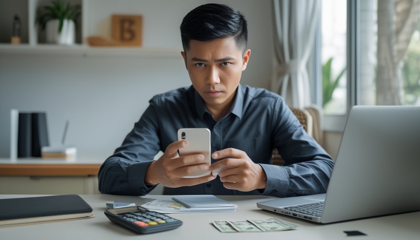 Seorang warga Indonesia memeriksa ponsel sambil meninjau catatan anggaran dan uang rupiah.