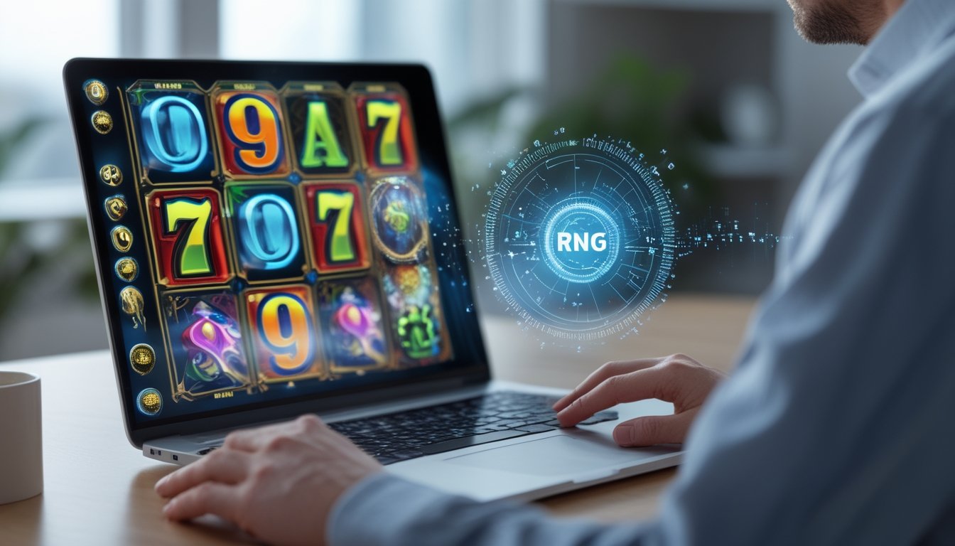 Seseorang melihat permainan slot di laptop dengan visualisasi digital yang menggambarkan proses RNG.