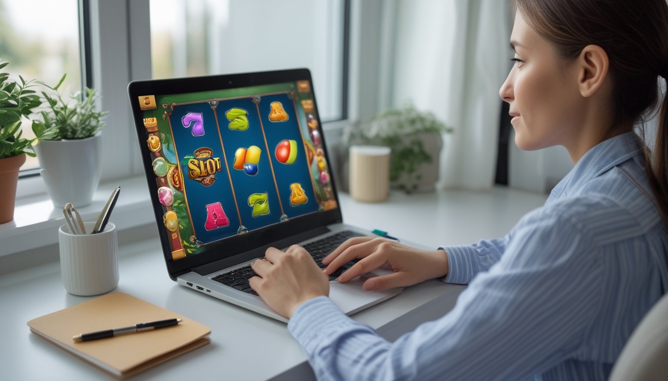 Seorang dewasa mempelajari tampilan permainan slot simulasi di laptop sambil mencatat.