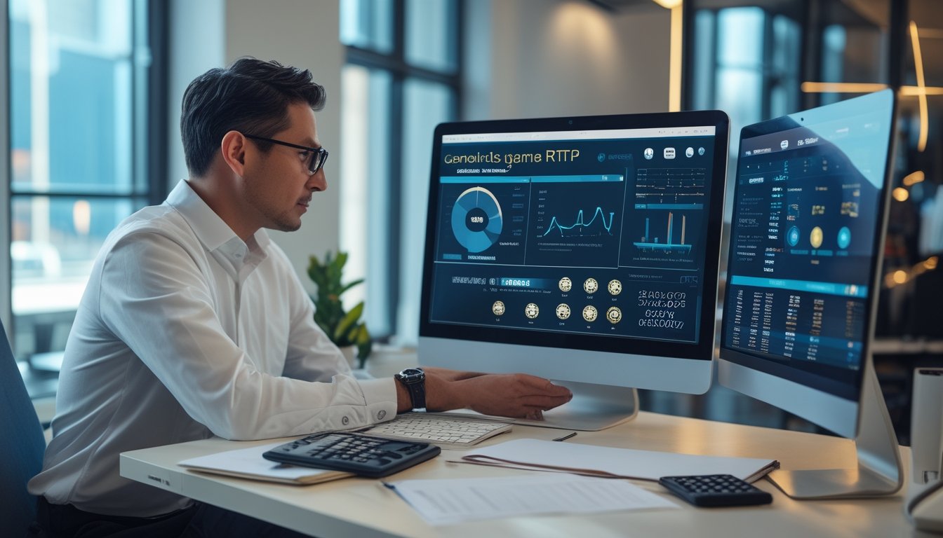 Seorang analis memeriksa grafik informasi permainan slot di komputer.