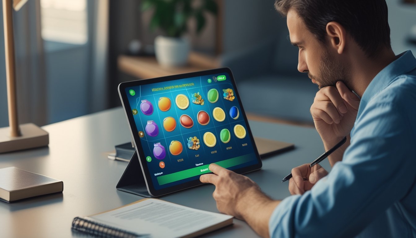 Seorang pemula mempelajari permainan slot di tablet sambil mencatat di meja.