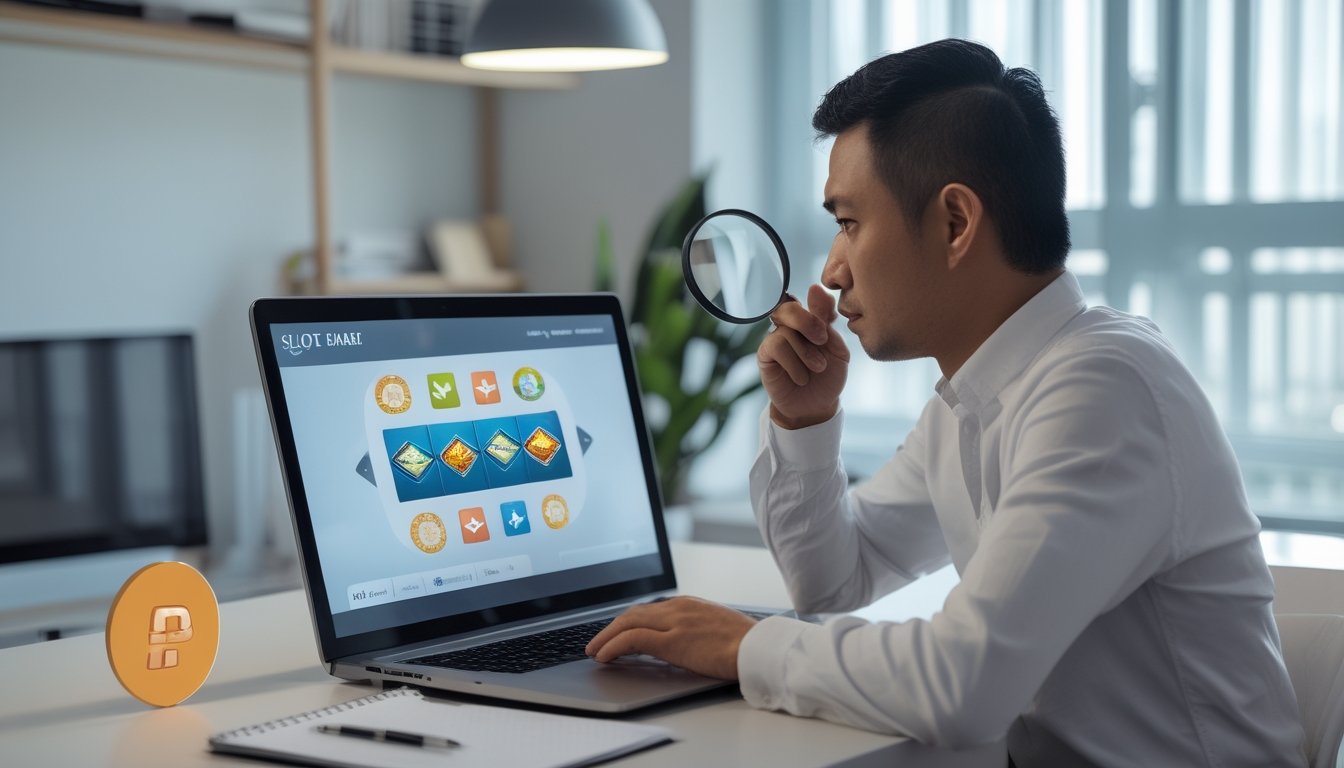 Seorang dewasa memeriksa tampilan permainan slot di laptop dengan kaca pembesar dan simbol perisai.