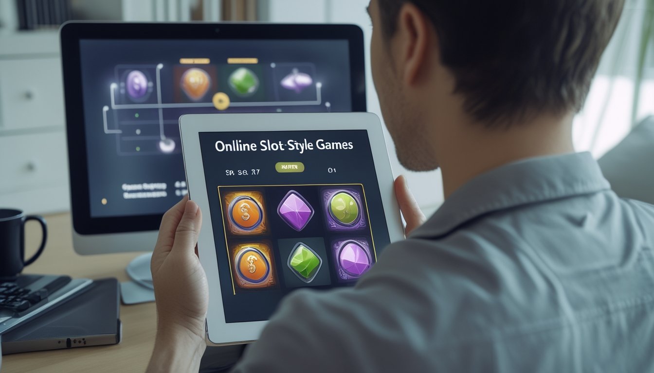 Seseorang mempelajari permainan slot digital dan diagram sederhana tentang cara kerjanya.
