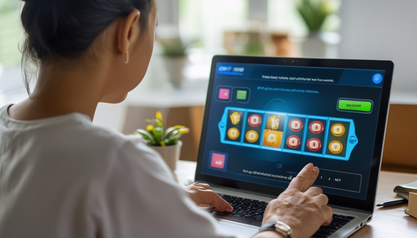 Seseorang memeriksa tampilan permainan slot abstrak di laptop sambil mencatat.