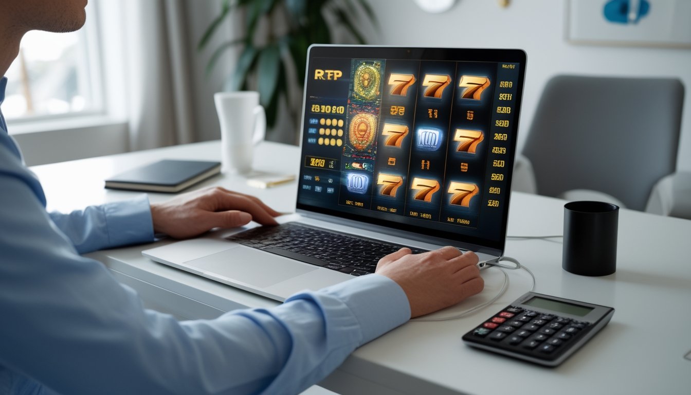 Seorang dewasa mempelajari tampilan permainan slot dan grafik statistik di laptop.