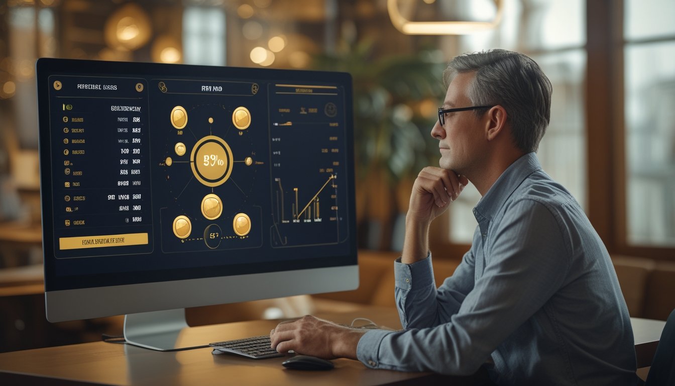 Seseorang mempelajari tampilan permainan slot dan grafik di komputer.