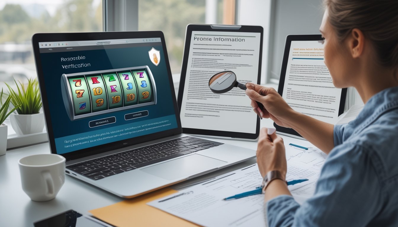 Seseorang membandingkan informasi di laptop, tablet, dan dokumen.