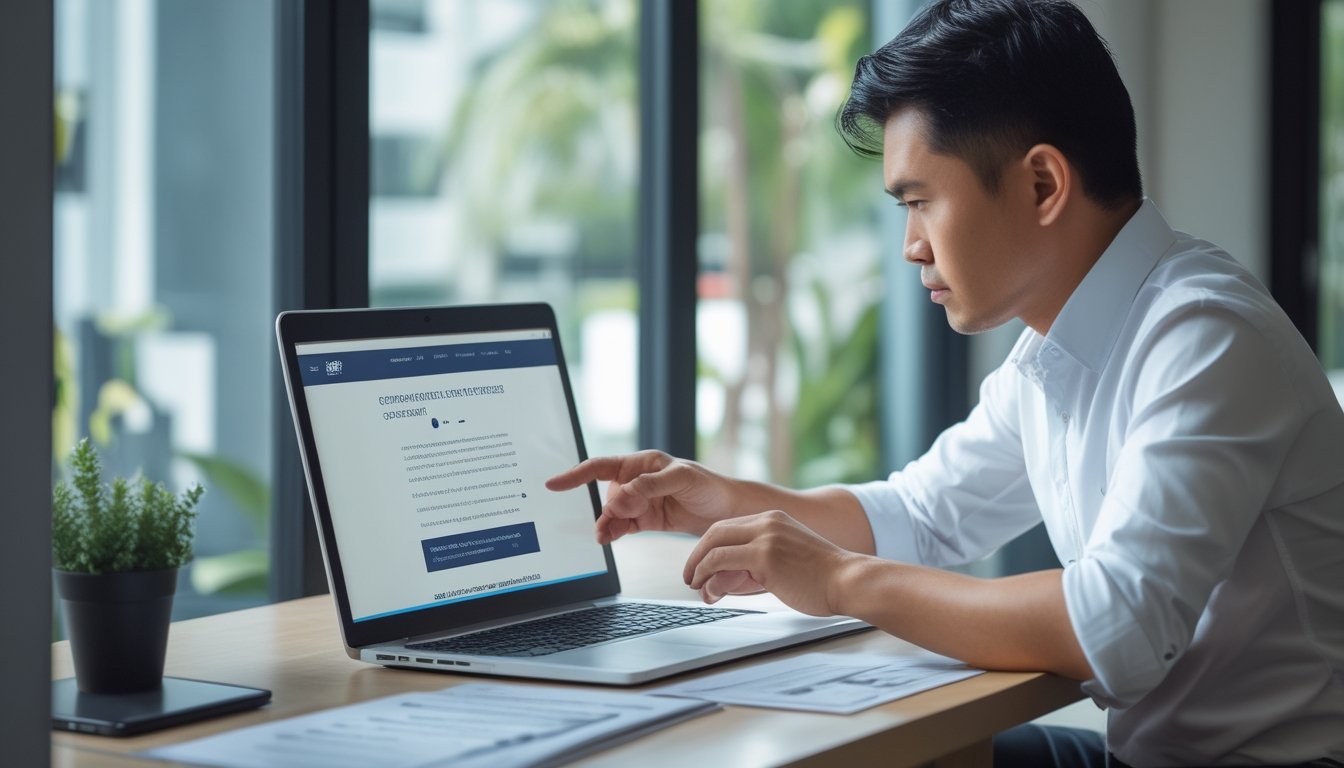 Seorang dewasa memeriksa situs di laptop sambil meninjau dokumen di meja.