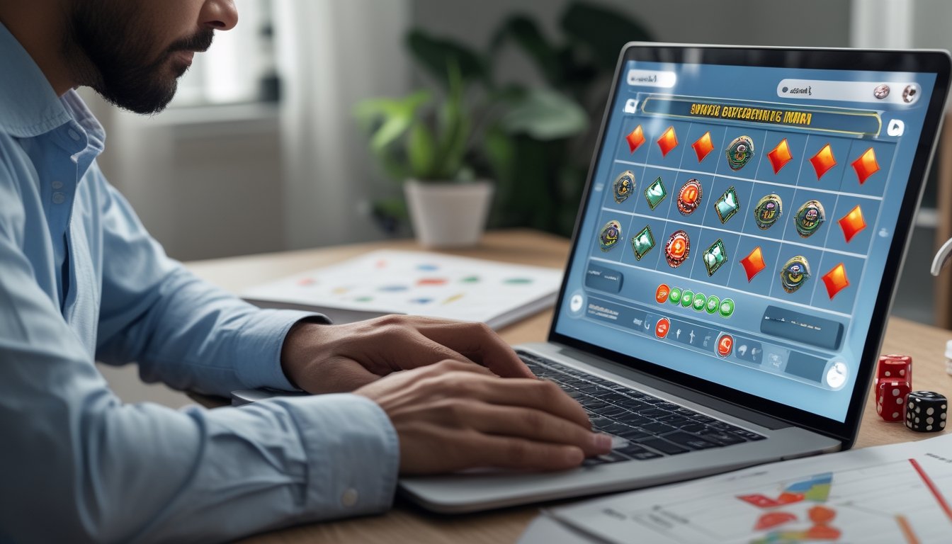Seseorang mempelajari probabilitas permainan slot di meja kerja.