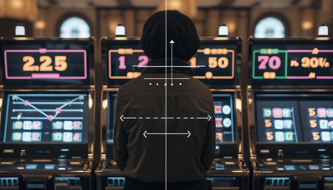 Seseorang mengamati mesin slot dengan visualisasi peluang dan hasil yang berbeda.