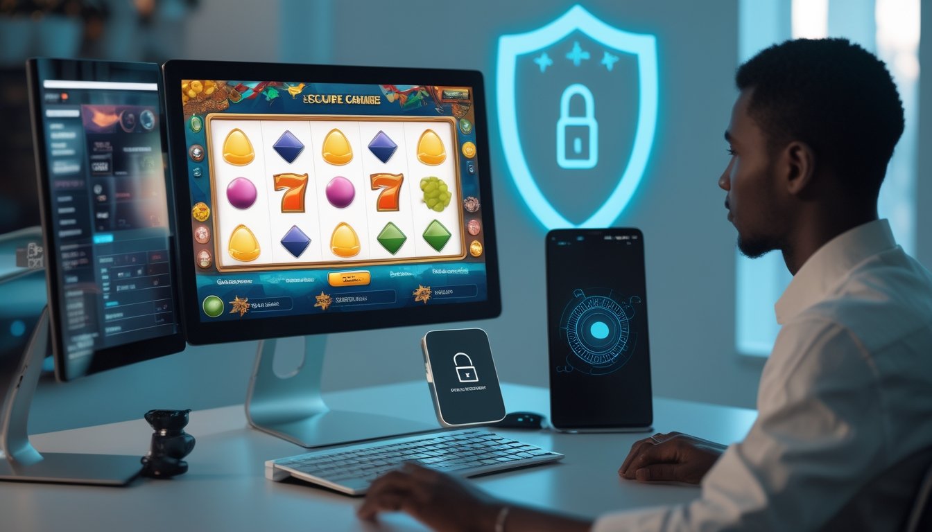 Seseorang menggunakan komputer dengan permainan slot dan simbol keamanan data di meja kerja.