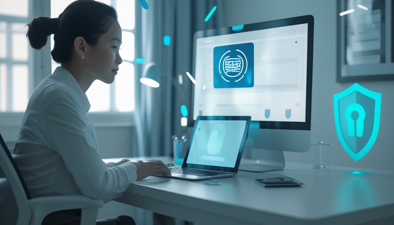 Seorang pengguna meninjau laptop di meja dengan ponsel dan simbol keamanan digital.
