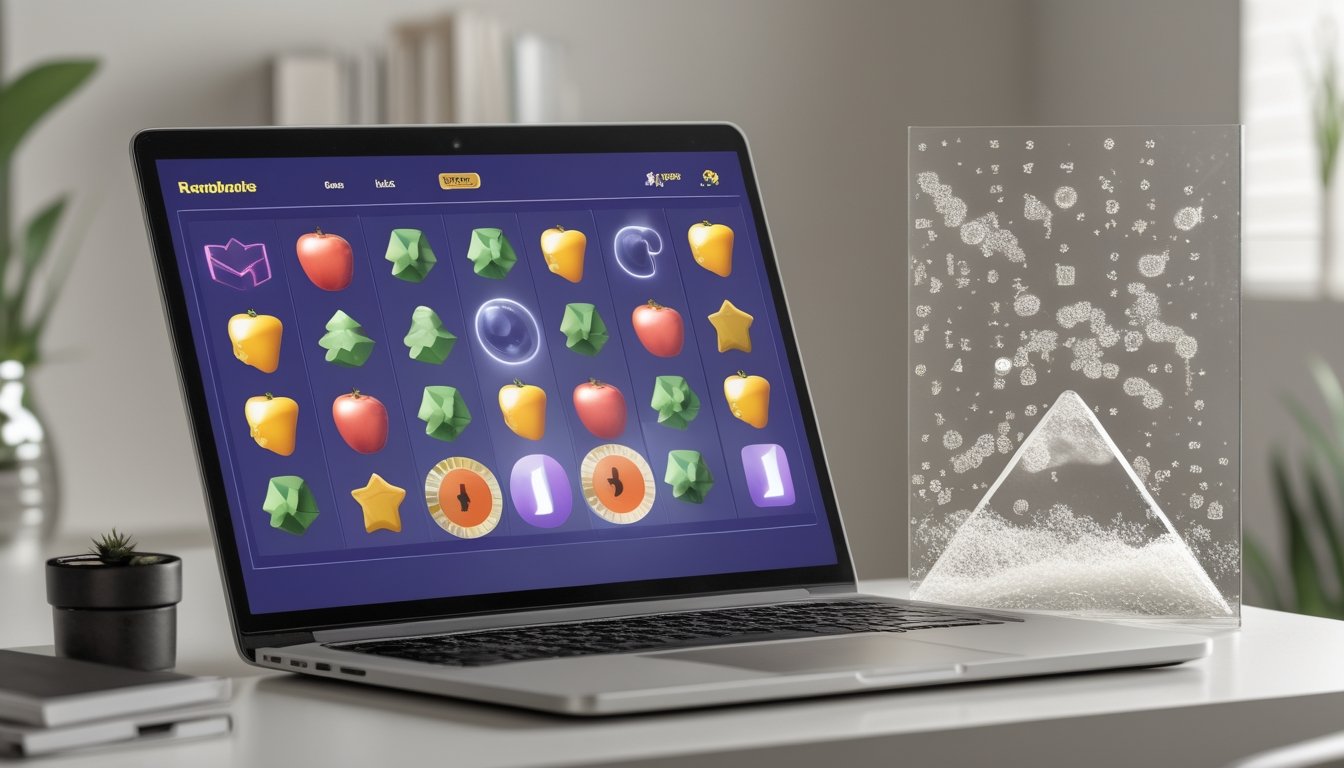 Laptop menampilkan permainan slot dengan simbol berwarna-warni di samping efek partikel abstrak.