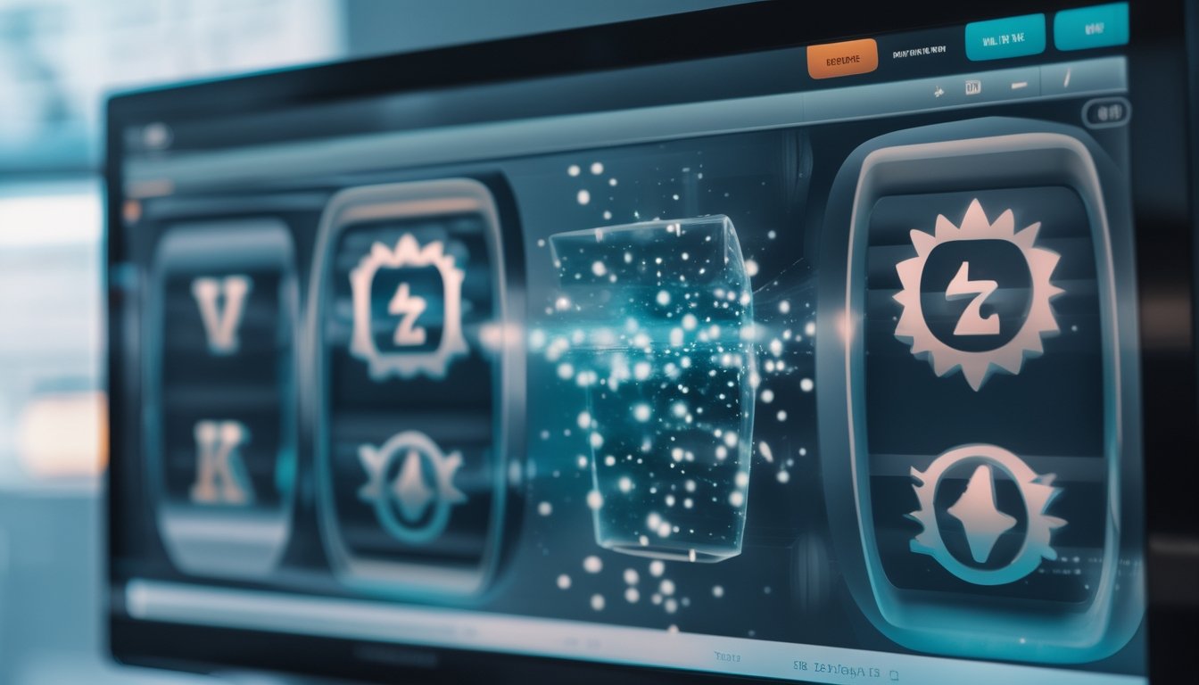 Monitor menampilkan gulungan permainan slot dengan visualisasi aliran angka digital.