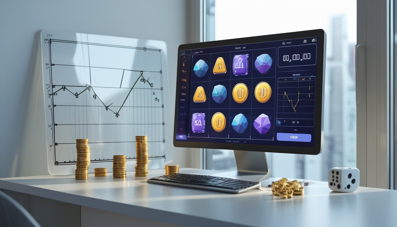 Monitor menampilkan permainan slot, dengan grafik dan dadu di atas meja.