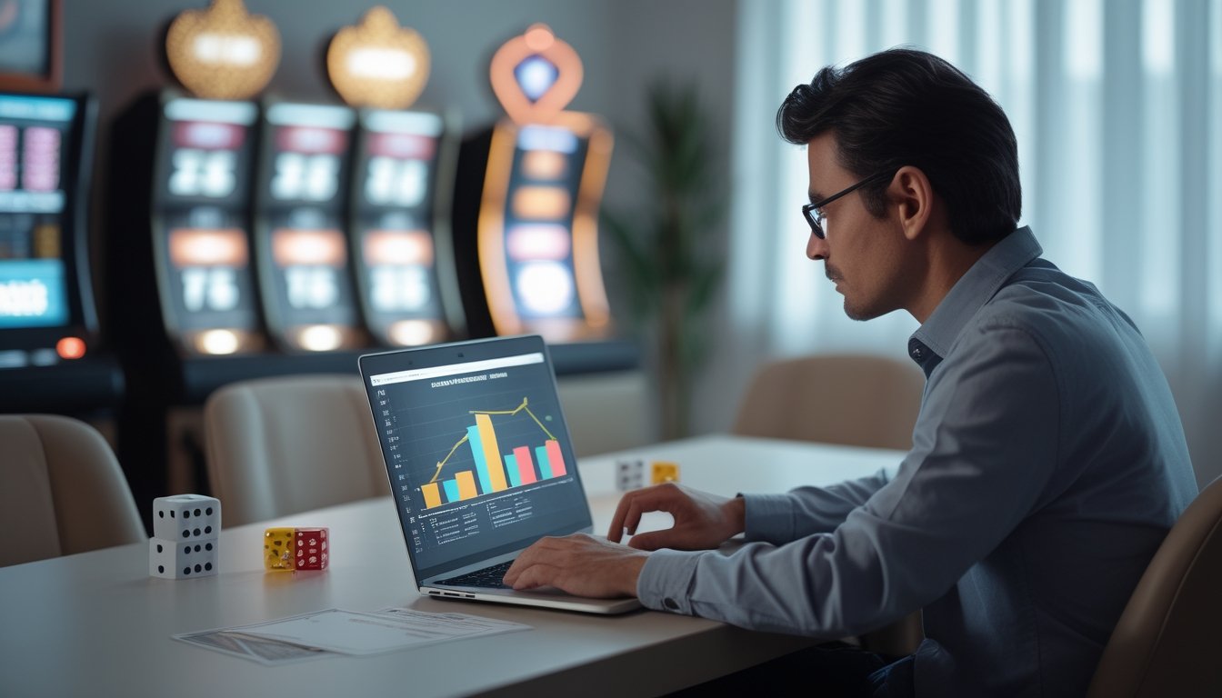 Seorang dewasa mempelajari data probabilitas di laptop dengan suasana permainan slot yang samar di latar belakang.