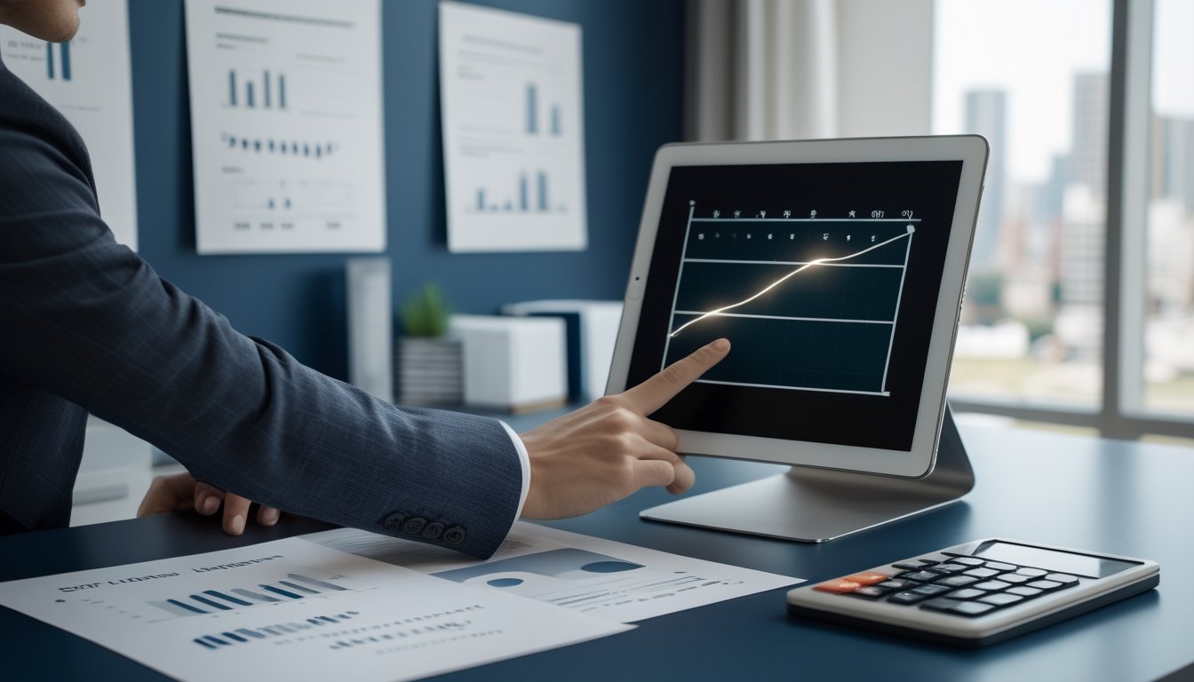 Seseorang membandingkan grafik hasil terdahulu dengan tampilan prediksi di tablet.