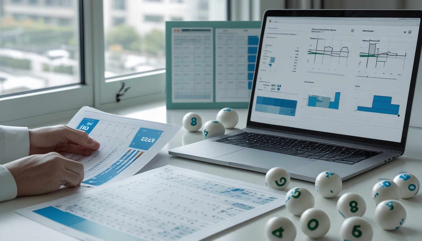 Tangan seorang analis membandingkan grafik hasil undian sebelumnya dengan visualisasi data di laptop.