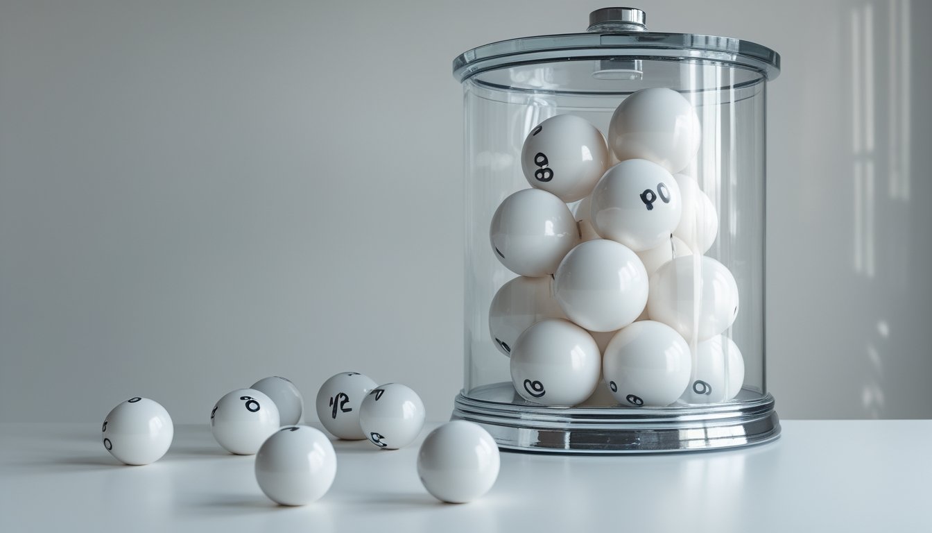 Bola-bola undian berada di dalam tabung transparan dan beberapa bola tersusun acak di depannya.