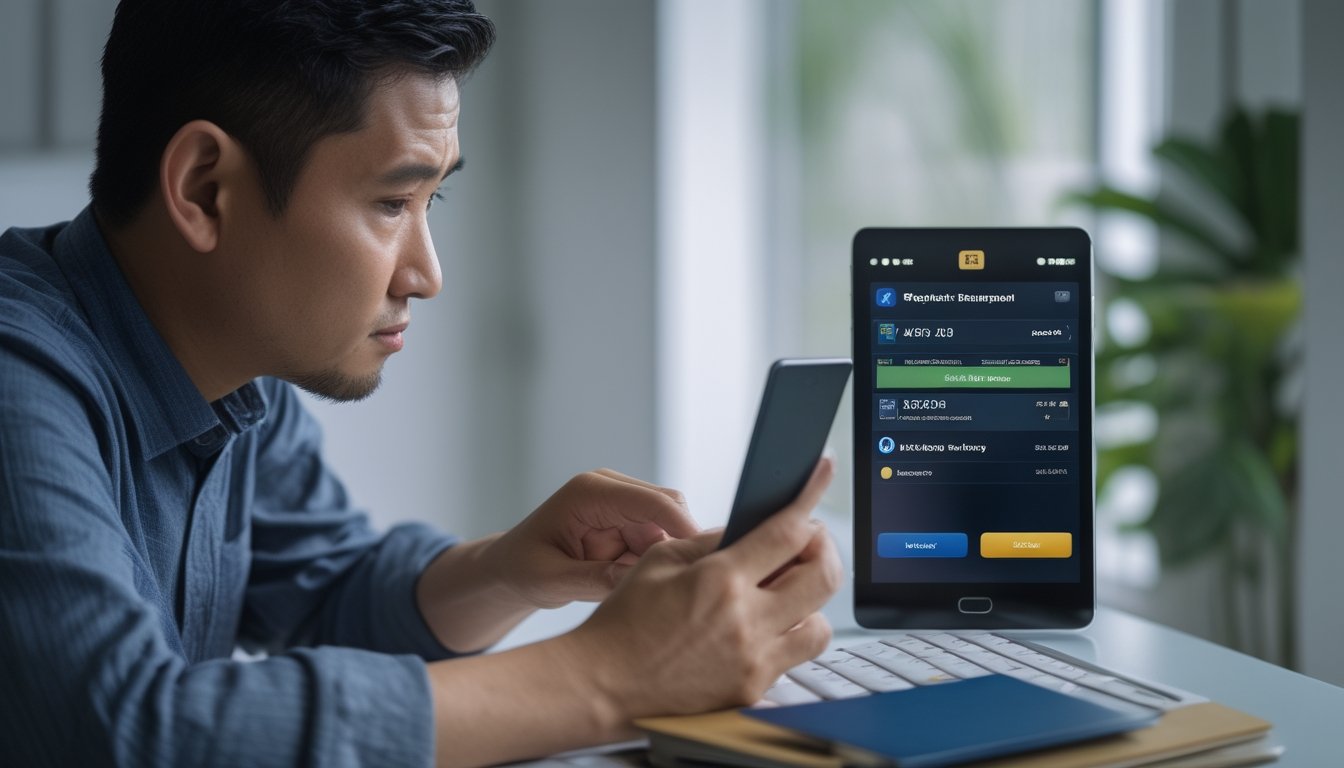 Seseorang memeriksa ponsel dan kartu bank dengan raut waspada sebelum melakukan transaksi.