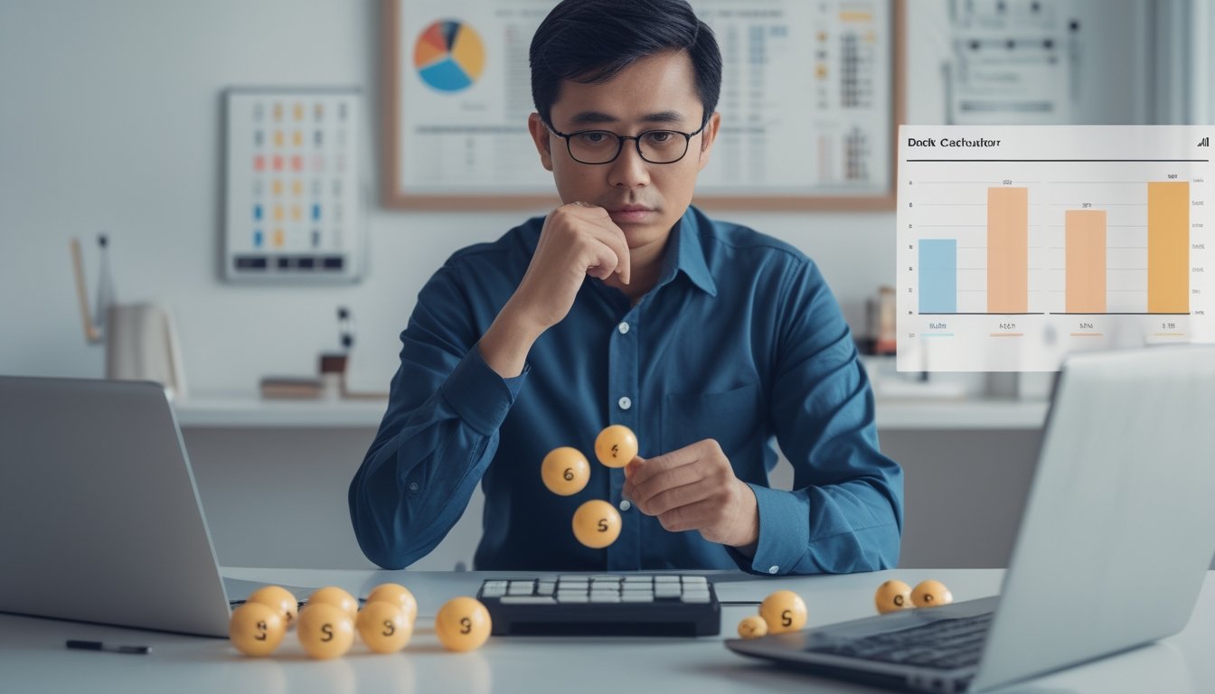 Seorang analis membandingkan bola undian, kalkulator, dan grafik peluang di laptop.