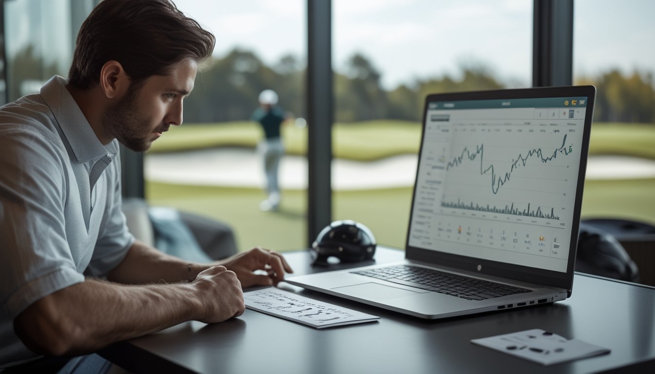 Seorang analis mempelajari grafik performa golf di laptop dengan lapangan golf terlihat di belakangnya.