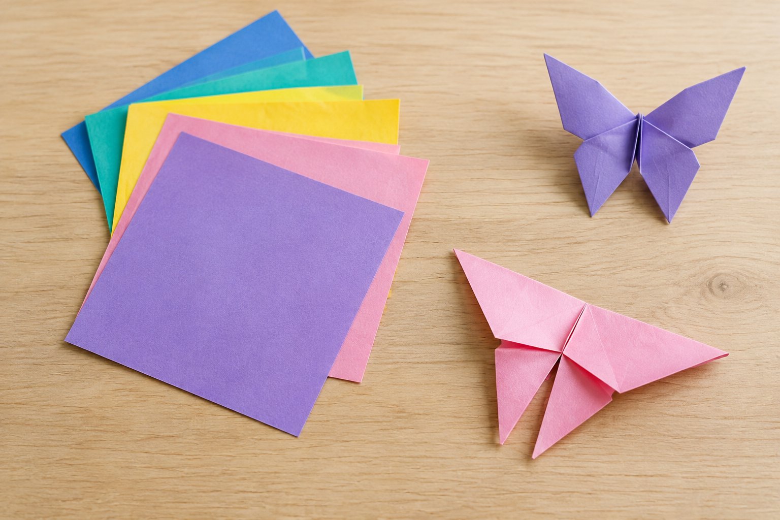 Colorful square papers arranged beside folded origami butterflies.