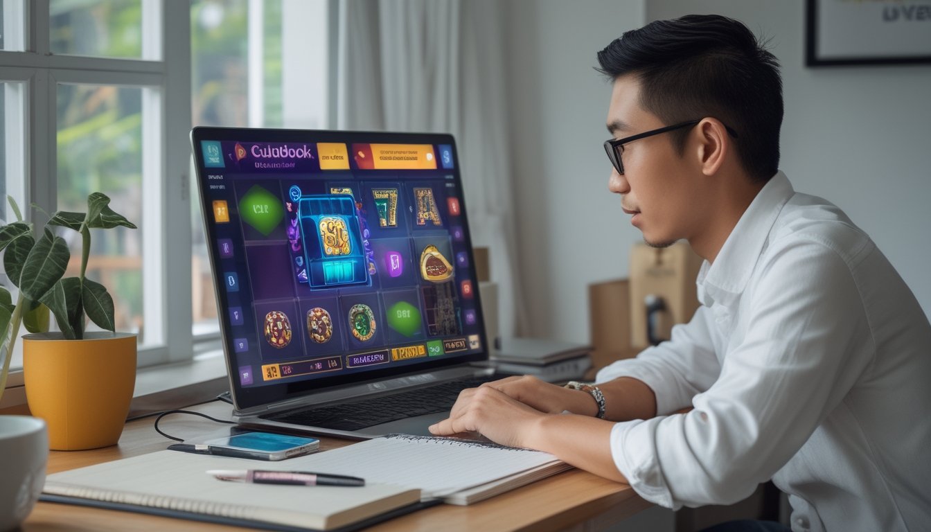 Seorang pemula mempelajari permainan slot di laptop dengan buku catatan di meja.