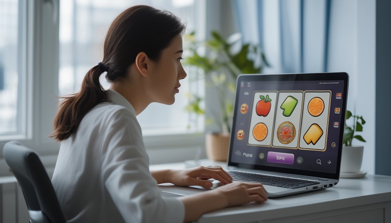 Seorang pemula mempelajari permainan slot di laptop.