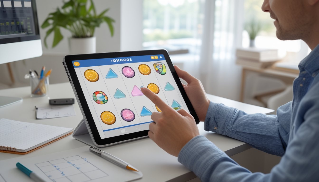 Seseorang mempelajari tampilan permainan slot di tablet sambil mencatat.