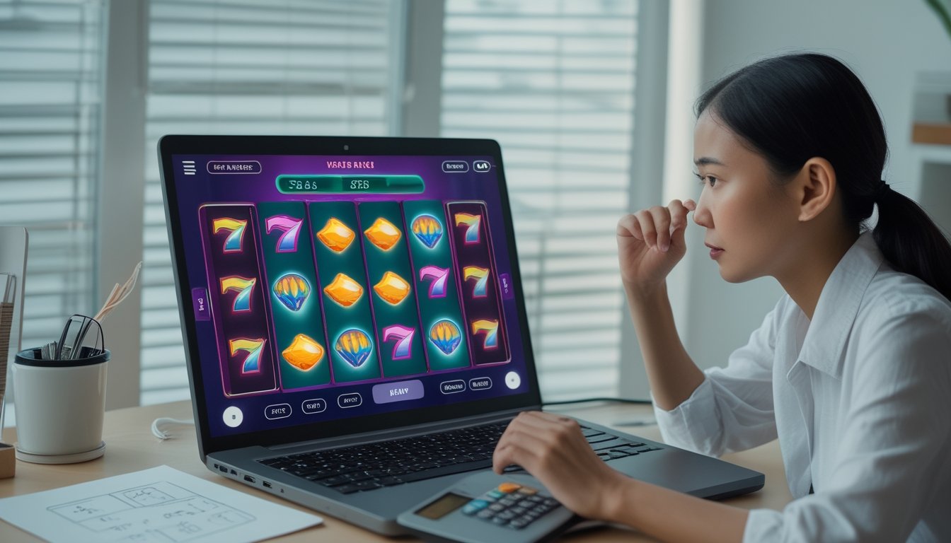 Seseorang mengamati permainan slot di laptop sambil memegang catatan.