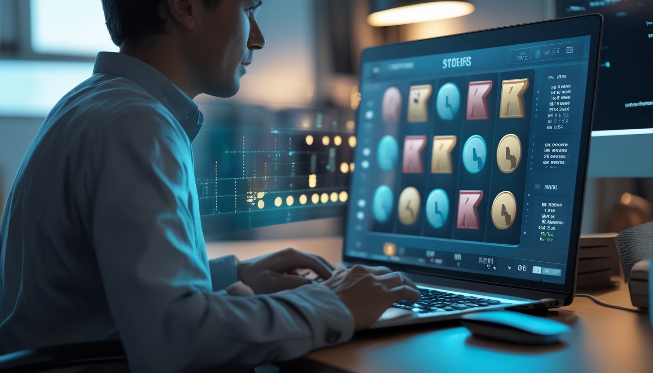 Seseorang dewasa menggunakan laptop dengan permainan slot digital dan visual abstrak yang menggambarkan sistem acak.