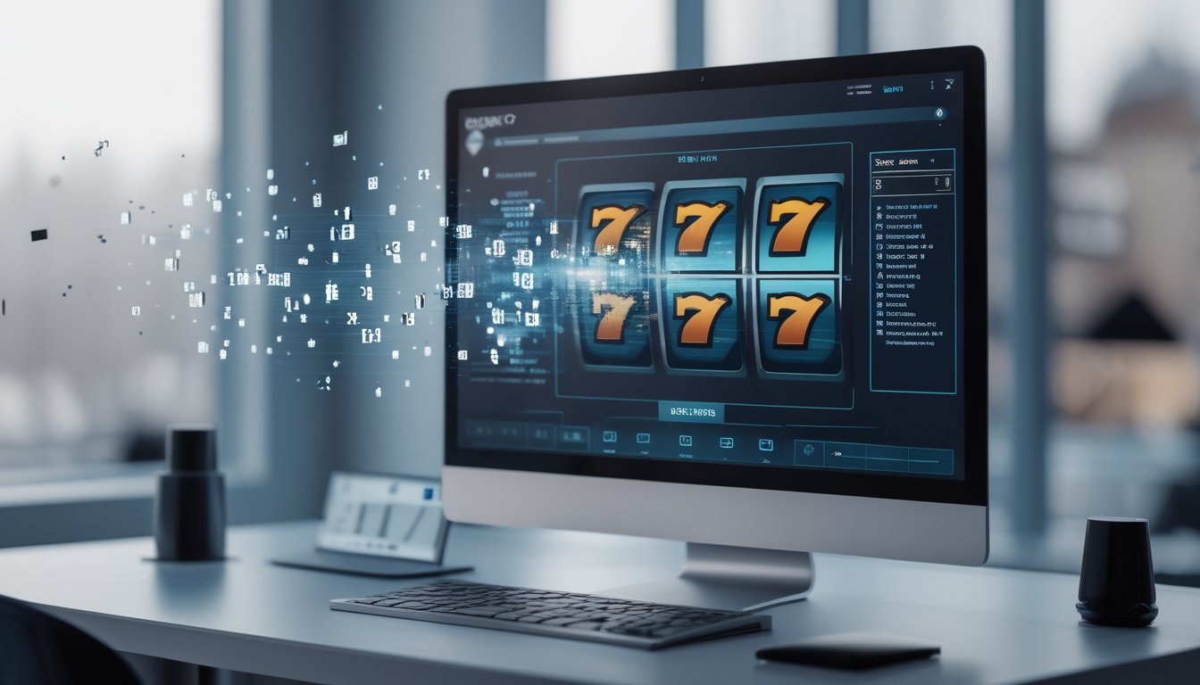 Monitor menampilkan gulungan mesin slot yang sedang berputar dengan visualisasi data di sekitarnya.