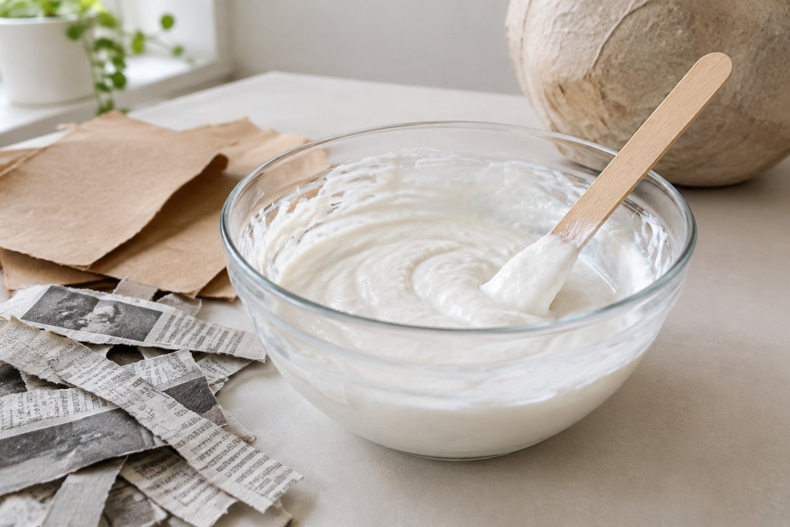 A bowl of white paste with a wooden stick and paper strips nearby.