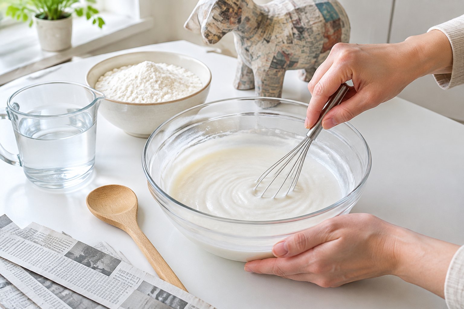 Hands whisk flour paste in a bowl beside paper strips and craft supplies.