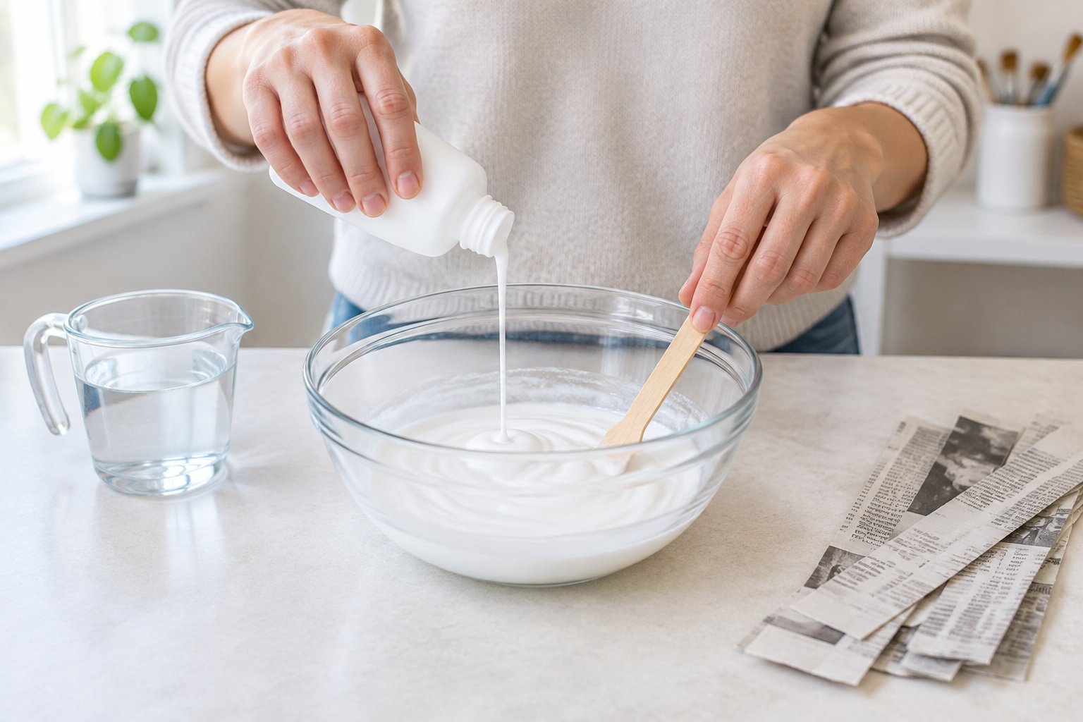 Hands stir white glue in a bowl beside newspaper strips and a measuring cup.