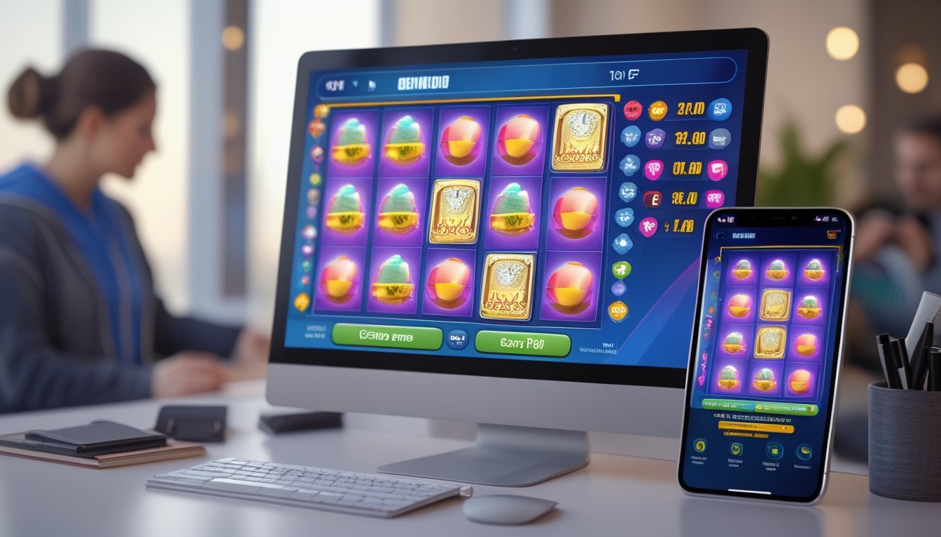 Seseorang mencoba permainan slot demo di komputer dengan ponsel di dekatnya.