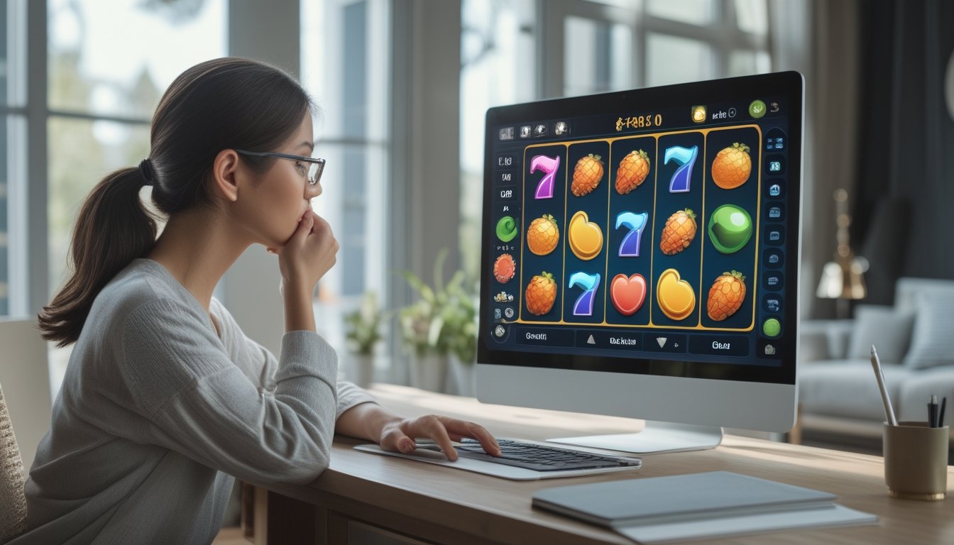 Seseorang mempelajari permainan slot demo di laptop dengan buku catatan di meja.