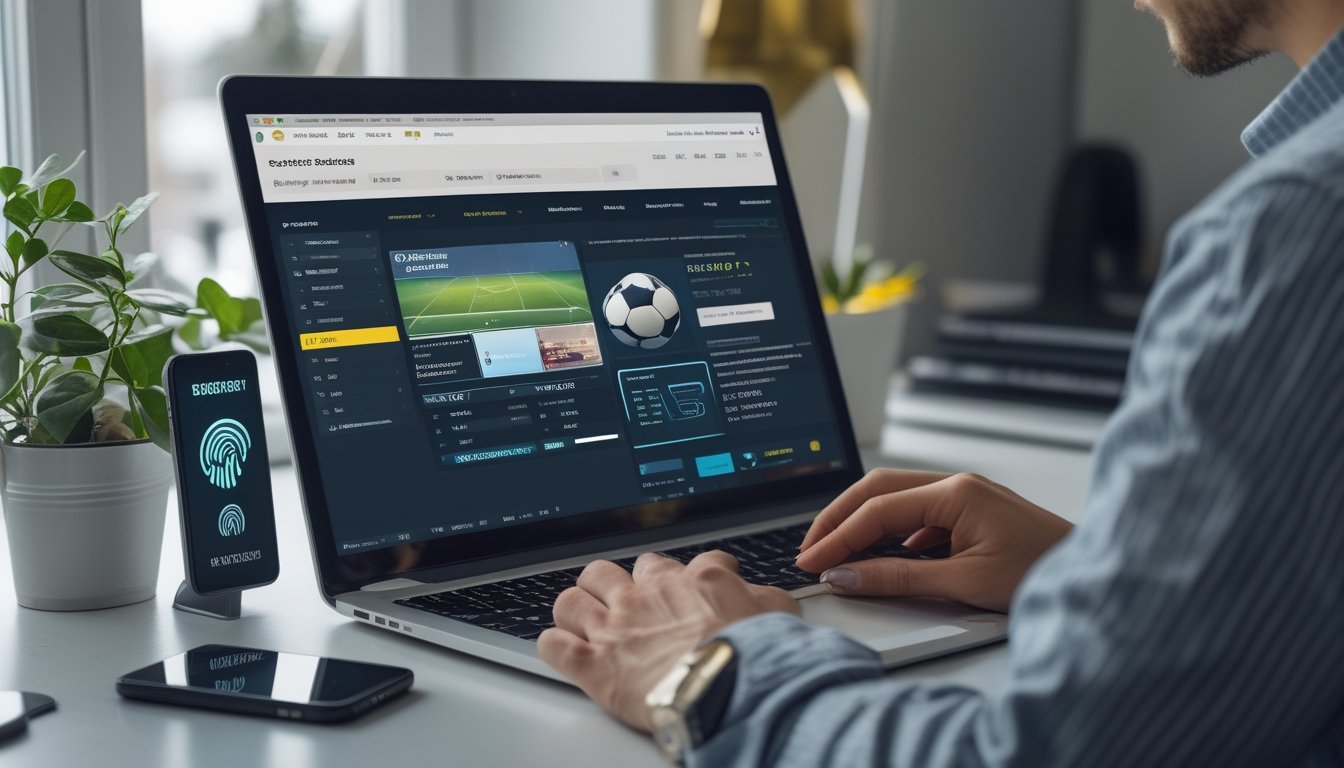 Seseorang menggunakan laptop di meja kerja dengan ponsel dan gembok sebagai simbol keamanan akun.