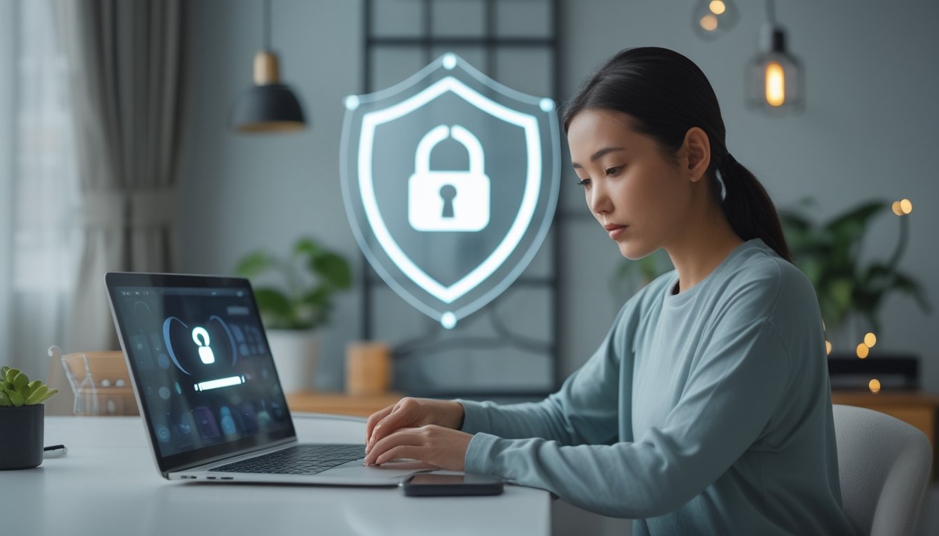 Seseorang menggunakan laptop dengan ponsel dan kunci keamanan di meja.