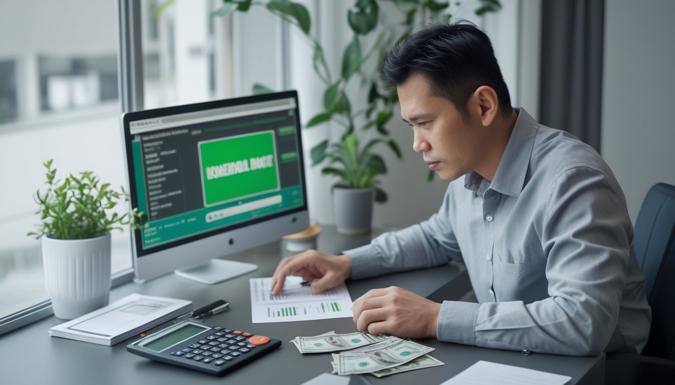 Seorang pria memeriksa anggaran dan tagihan di samping laptop.