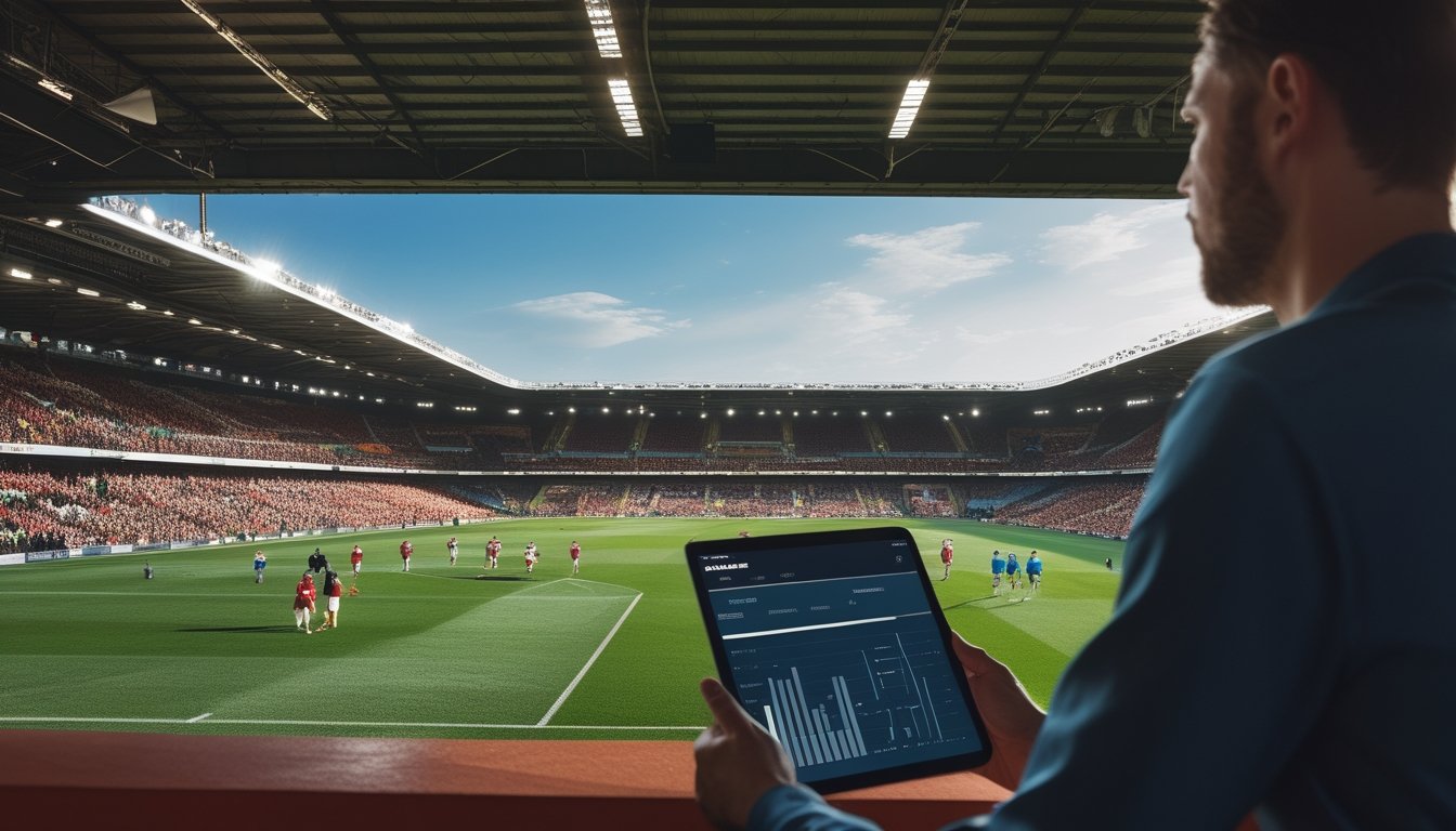 Pertandingan sepak bola berlangsung di stadion, sementara seorang analis mengamati data pertandingan pada tablet.