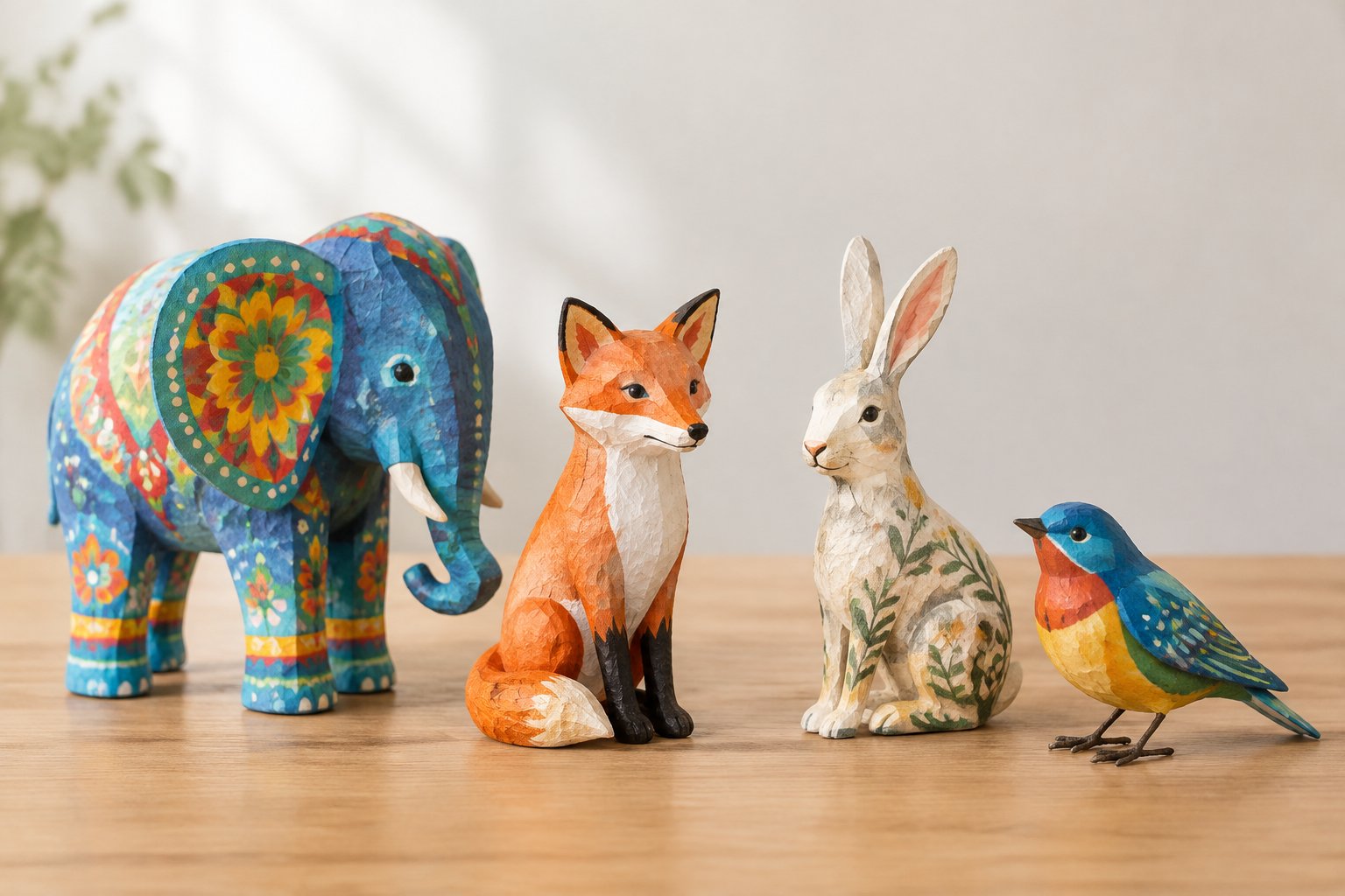 A colorful paper-mâché elephant, fox, rabbit, and bird arranged on a tabletop.