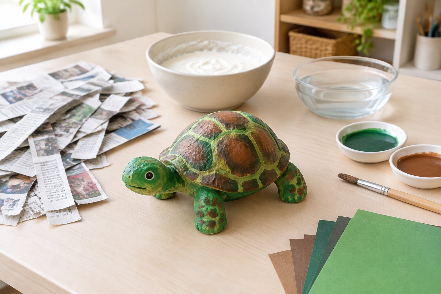 A paper-mâché turtle surrounded by newspaper strips, paste, paint, and craft tools.