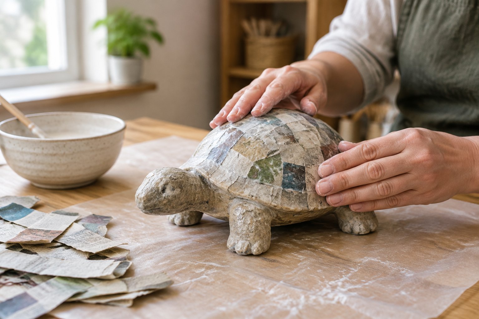 Hands shape a papier-mâché turtle on a craft table.